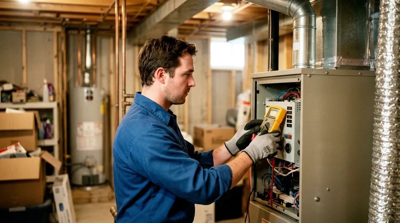 Licensed HVAC technician inspecting a heating system control board
